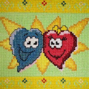 New Handmade Embroidered picture "Two Hearts" 15 cm x 10 cm Cross Stitch
